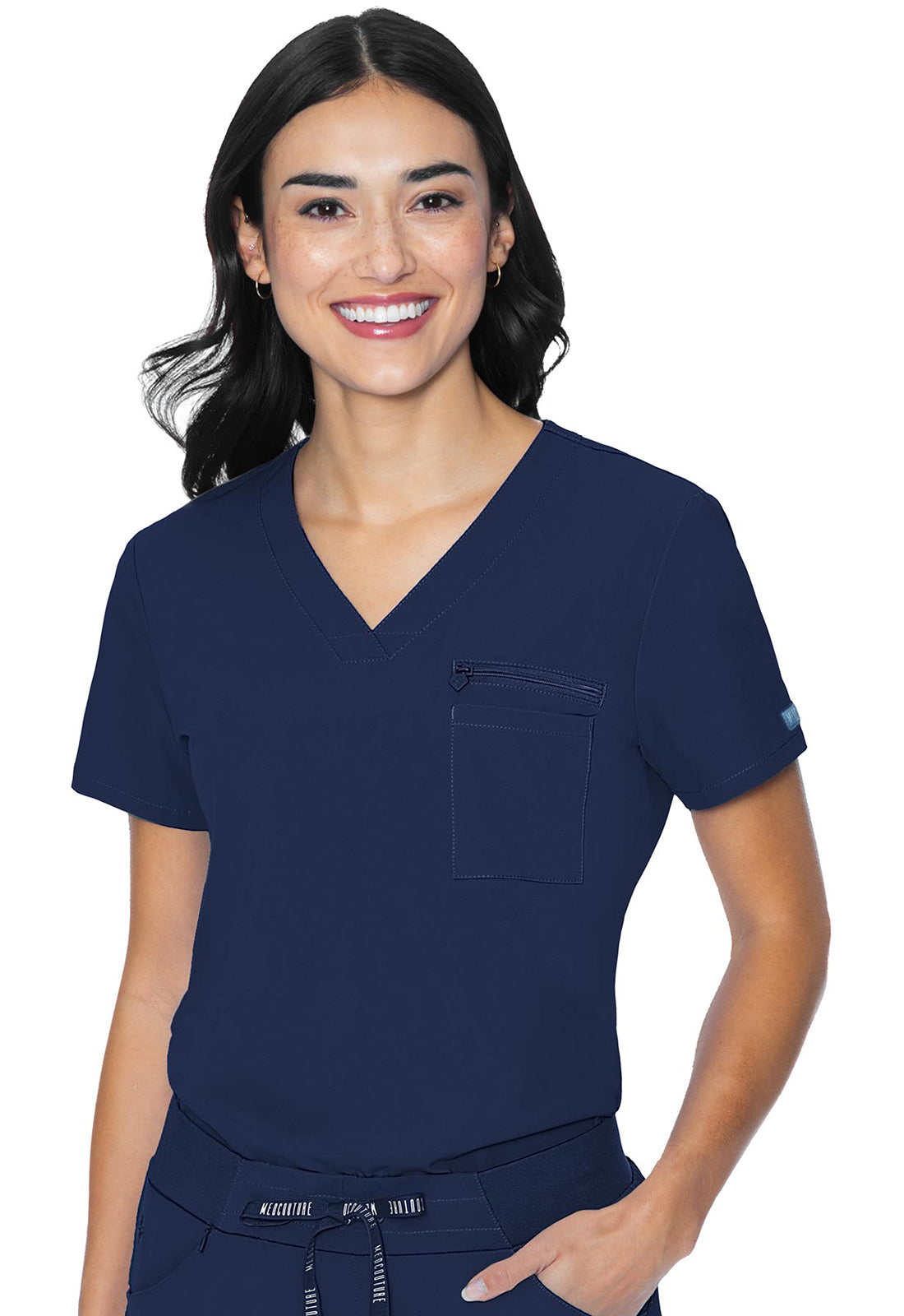 Med Couture Peaches 8482 Women's V-Neck Chest Pocket Top Navy