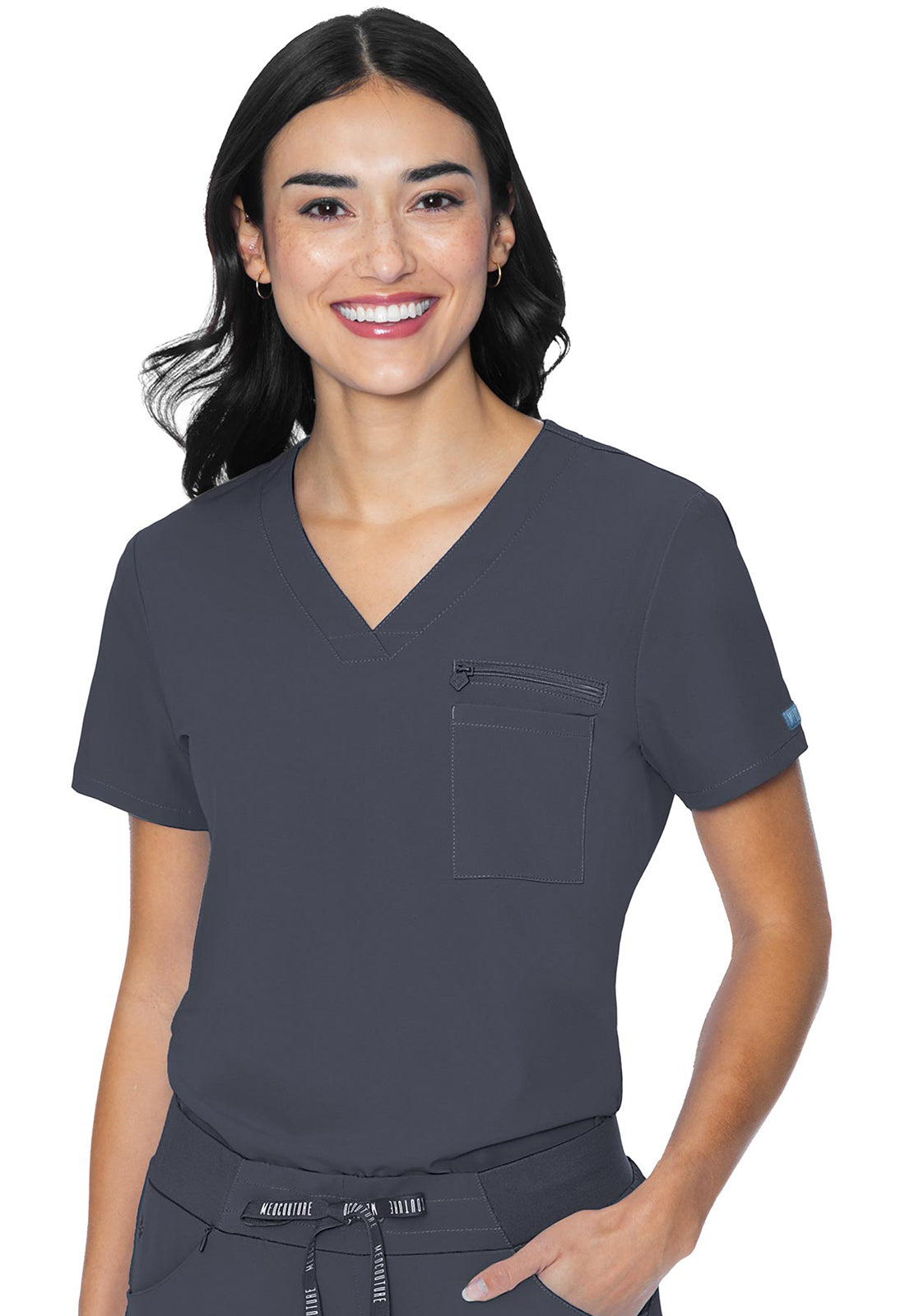 Med Couture Peaches 8482 Women's V-Neck Chest Pocket Top Pewter