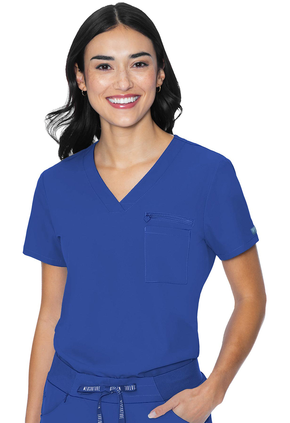 Med Couture Peaches 8482 Women's V-Neck Chest Pocket Top Royal