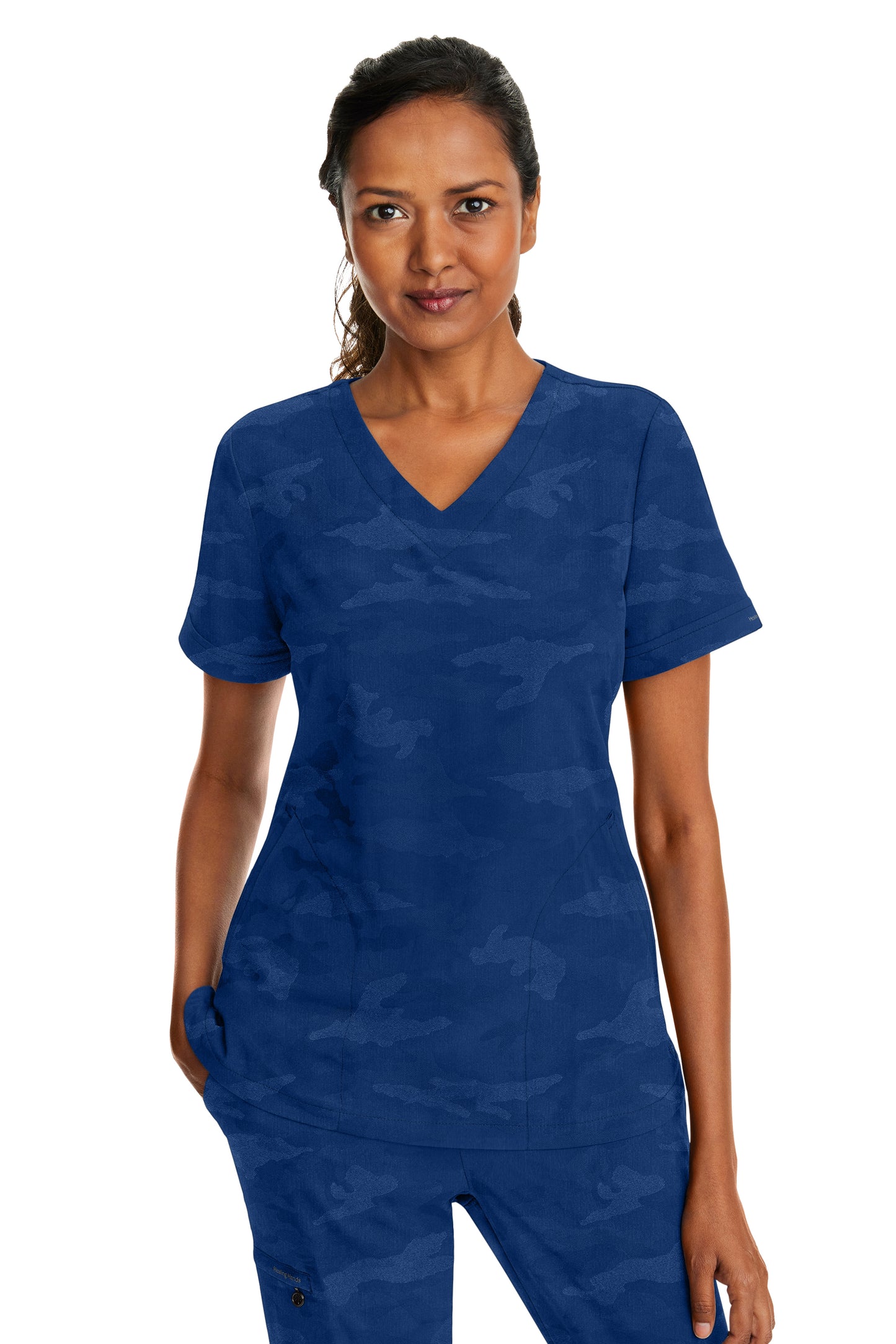 Healing Hands Purple Label Camo 2353 Curved V-Neck Joy Top Navy
