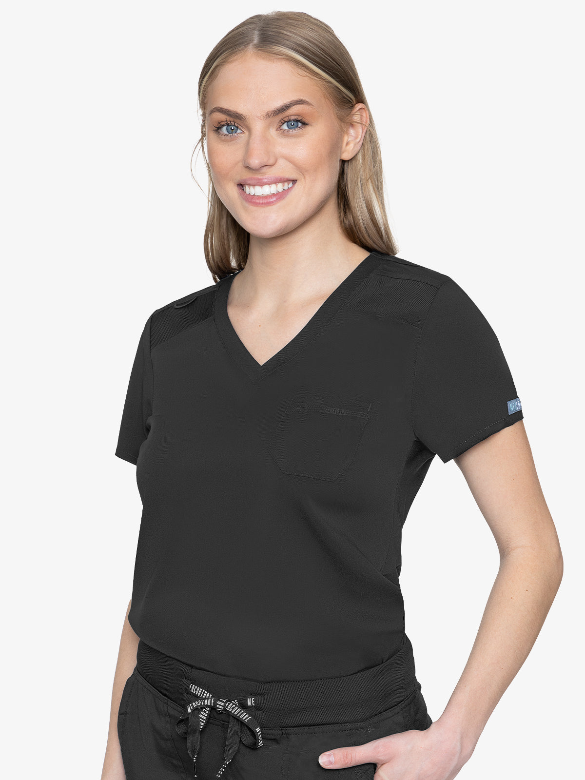 Med Couture Touch 7448 Women's Tuckable Chest Pocket Top Black Front