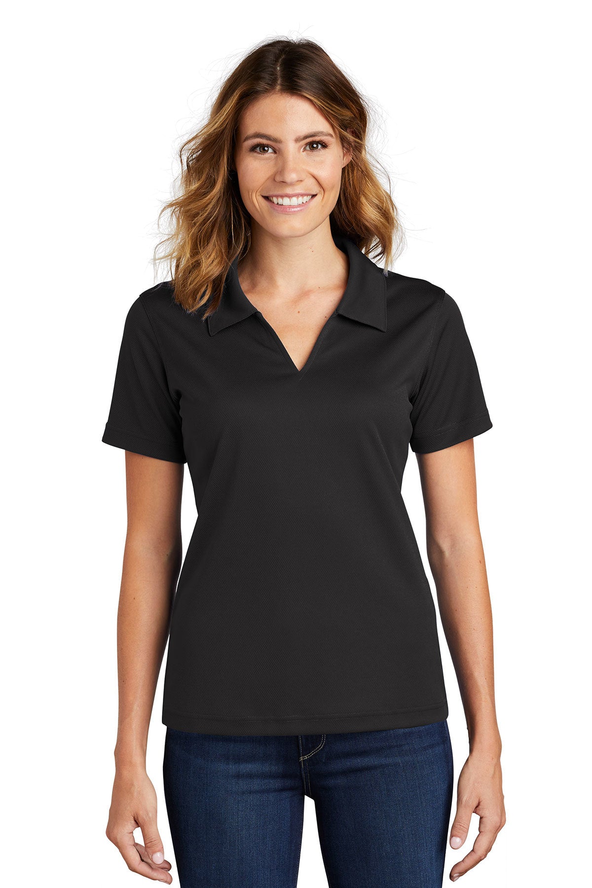 Sport-Tek® Ladies Dri-Mesh® L469 V-Neck Polo Black