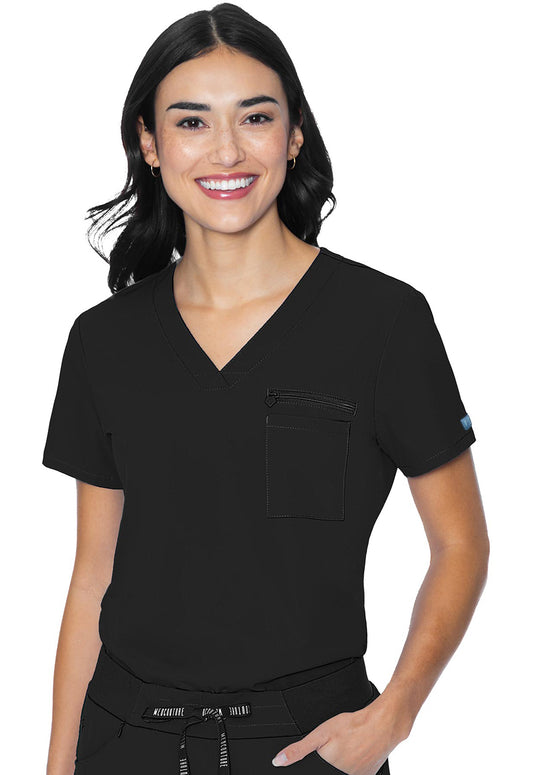 Med Couture Peaches 8482 Women's V-Neck Chest Pocket Top Black