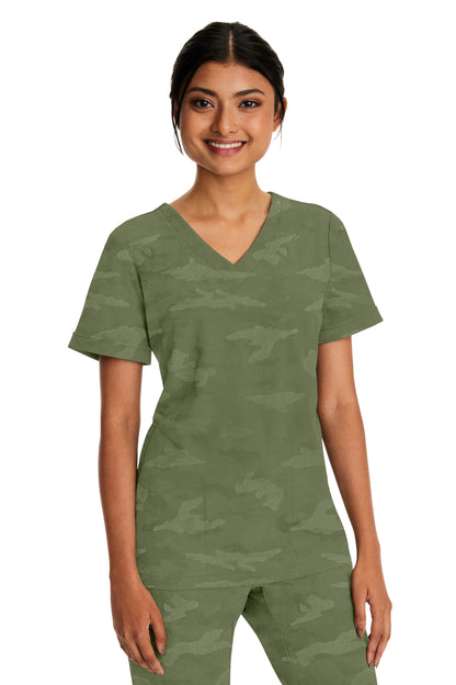 Healing Hands Purple Label Camo 2353 Curved V-Neck Joy Top Olive