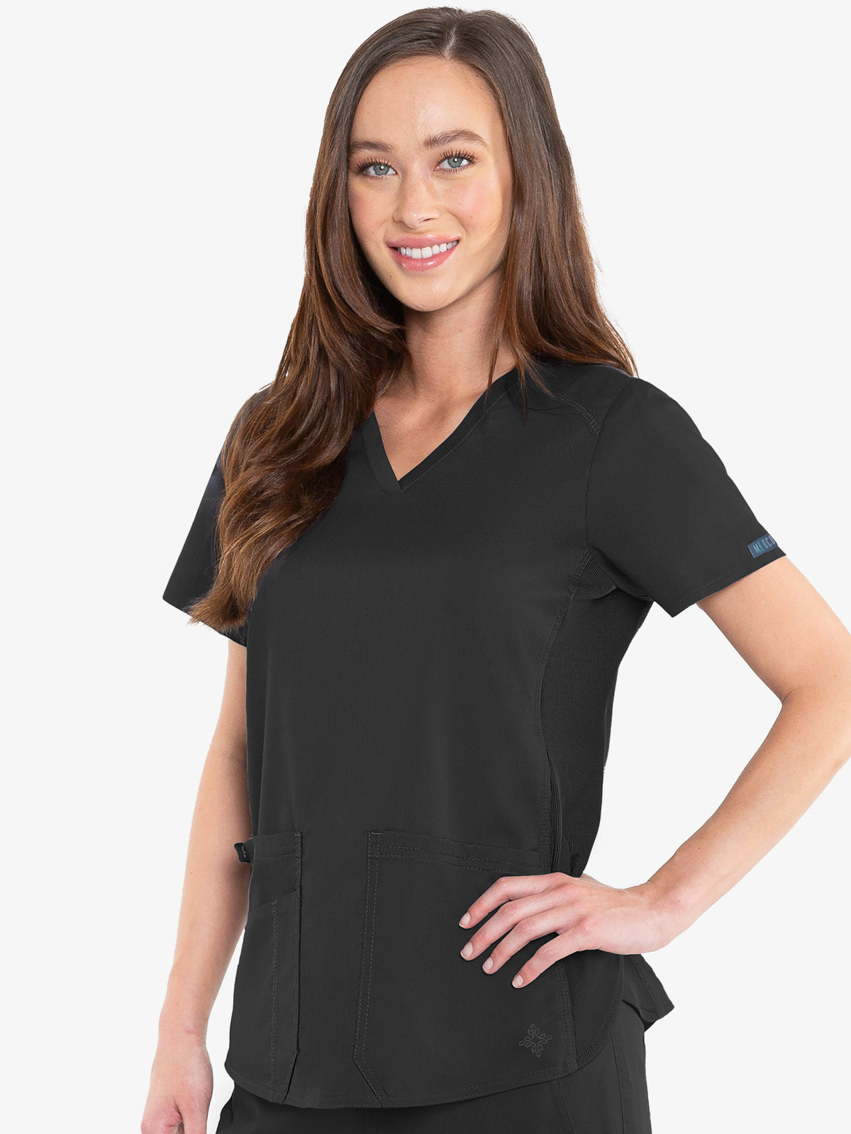 Med Couture Touch 7459 Women's V-Neck Shirttail Top Black Front