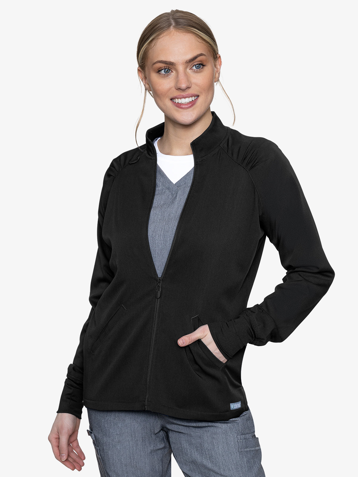 Med Couture Touch 7660 Women's Raglan Warmup Zip Jacket Black Front