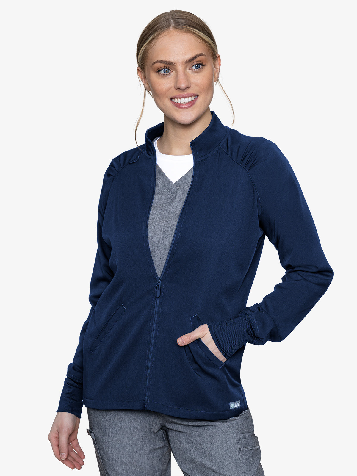 Med Couture Touch 7660 Women's Raglan Warmup Zip Jacket Navy Front