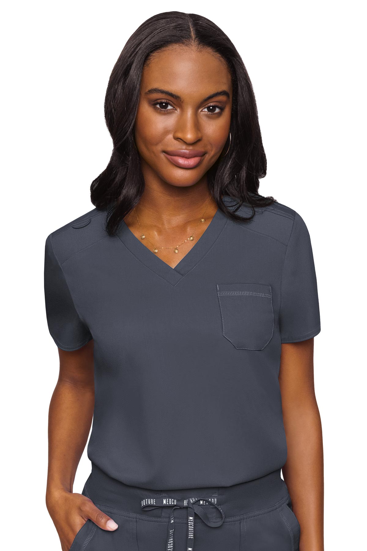 Med Couture Touch 7448 Women's Tuckable Chest Pocket Top Pewter