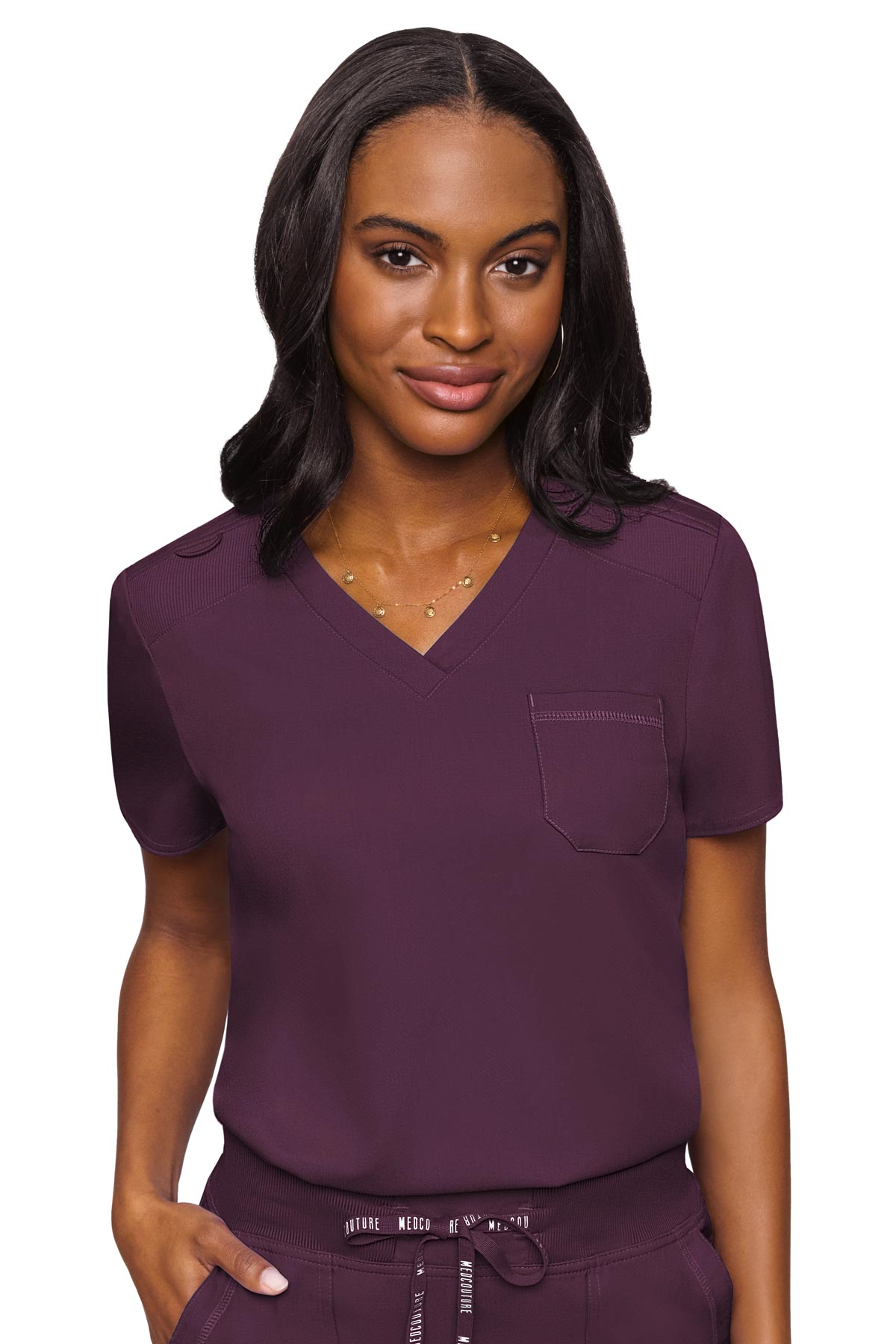 Med Couture Touch 7448 Women's Tuckable Chest Pocket Top Wine