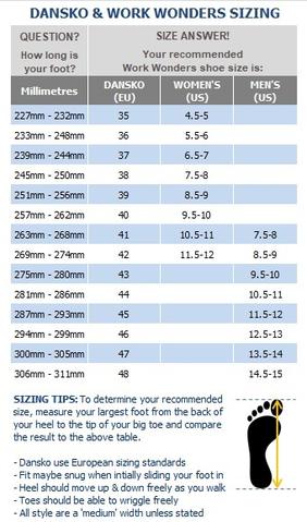 Dansko XP 2.0 Waterproof Pull Up Shoe Sizing Chart 